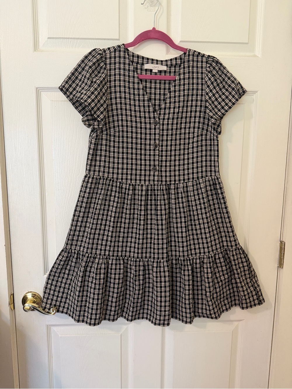 LOFT Gingham Plaid Puff Sleeve Tiered Button Front Dress Womens Size XS 0020